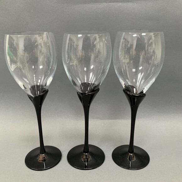 Clear Black Tulip Stem Wine Glass Glasses 9 3/8" high Lot of 3 - Picture 4 of 5